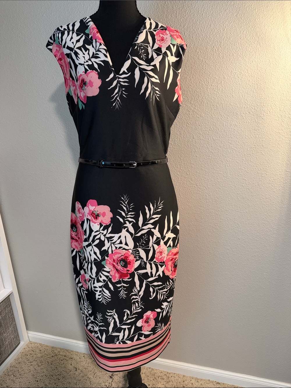 New York & Company Black Midi Dress with Pink Floral Accents